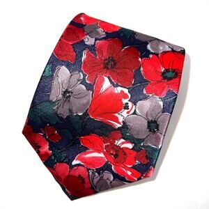 Ketch Metal Clip-on Necktie- 17.5" Long x 3.5" Wide Red Blue Floral Print Tie